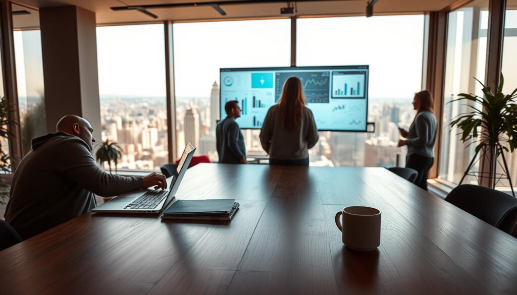A cozy office scene with a large desk in the foreground, featuring a laptop, notepad, and mug of coffee. In the middle ground, a team of designers and analysts studying user data visualizations projected on a wall-mounted screen. The background shows a panoramic view of a bustling city skyline through floor-to-ceiling windows, bathed in warm, natural lighting. The overall atmosphere conveys a sense of focused collaboration and insightful exploration of user analytics to inform an exceptional user experience.