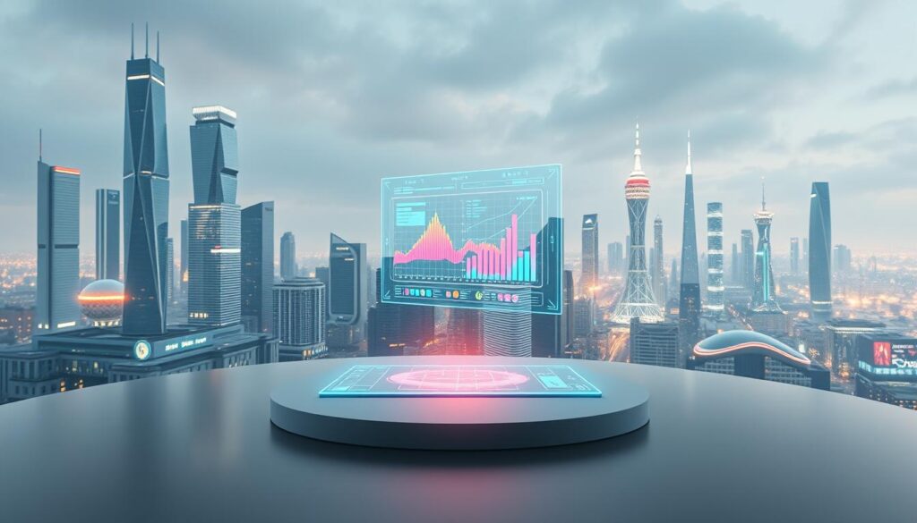 A stunning, futuristic scene depicting the latest trends in UX design for the coming years. In the foreground, a sleek, minimalist user interface hovers above a smooth, reflective surface, its clean lines and intuitive layout conveying a sense of effortless functionality. The middle ground features a holographic display showcasing dynamic data visualizations, with vibrant colors and fluid animations that captivate the viewer. In the background, a cityscape of gleaming skyscrapers and futuristic architecture sets the stage for this vision of the digital landscape. Soft, directional lighting casts a warm, futuristic glow, while the camera angle suggests a birds-eye perspective, offering a comprehensive view of this innovative and cutting-edge UX design.