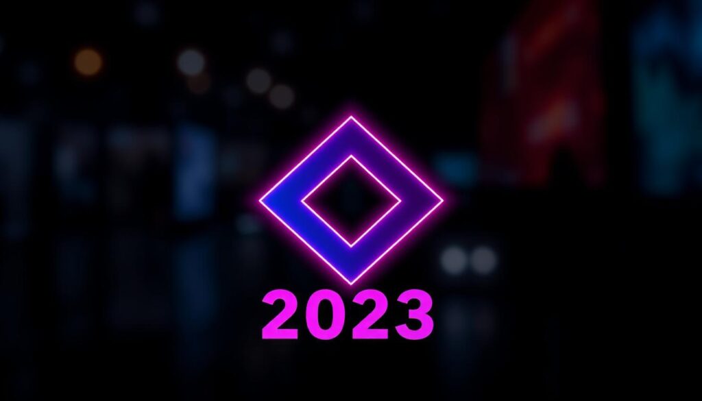 A bold, modern logo design featuring a minimalist geometric shape, such as an angular polygon or an abstract symbol, rendered in a vibrant, on-trend color palette of neon shades or metallic finishes. The layout should be clean and balanced, with the logo mark occupying the central focus, surrounded by subtle gradients or blurred backgrounds that create a sense of depth and elegance. Lighting should be dramatic, with sharp shadows and highlights that accentuate the sleek, contemporary aesthetic. The overall impression should be one of sophistication, innovation, and a forward-thinking design sensibility that captures the essence of the "Trendy w projektowaniu logo 2023" theme.