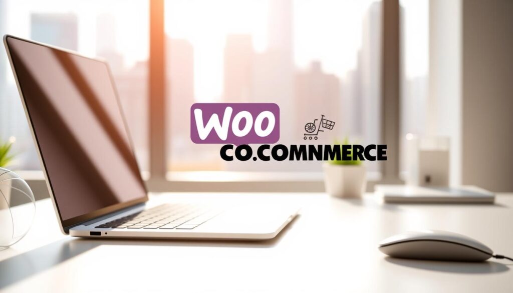 A bright, modern computer workspace with a laptop, keyboard, and mouse on a clean white desk. In the foreground, a stylized globe icon representing a website domain registration. In the middle ground, a WooCommerce logo and e-commerce icons, symbolizing the online store setup. The background features a soft, blurred cityscape with skyscrapers, conveying a sense of a thriving digital business landscape. The lighting is natural, with warm highlights and gentle shadows, creating a professional, aspirational atmosphere.