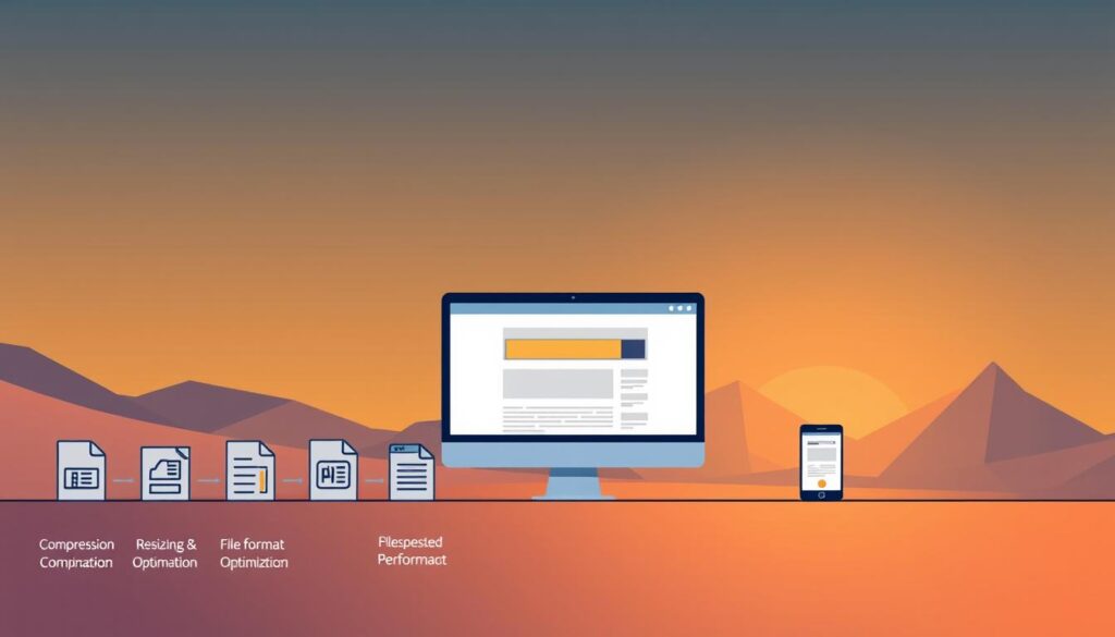 A contemporary illustration depicting the practical steps for graphic optimization. The foreground showcases a series of modular icons representing various compression, resizing, and file format optimization techniques. The middle ground features a desktop computer or mobile device displaying a webpage loading progressively, demonstrating the performance improvements. The background depicts a minimalist, geometric landscape with warm, ambient lighting, conveying a sense of efficiency and streamlined design. The overall scene should feel informative, visually engaging, and representative of the "Praktyczne kroki do optymalizacji grafiki" section of the article.