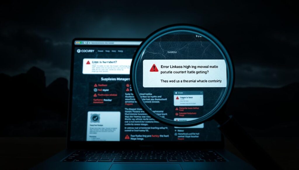 A dark, ominous-looking website, with a cracked and glitchy interface, displaying suspicious error messages and pop-ups. The background is a shadowy, foreboding landscape, hinting at the presence of malicious entities. In the foreground, a magnifying glass hovers over the website, highlighting areas of concern - broken links, unauthorized content, and potential security breaches. The lighting is harsh and dramatic, casting long shadows and creating a sense of unease. The overall atmosphere conveys a sense of vulnerability, danger, and the urgent need to identify and address the threats lurking within the website.