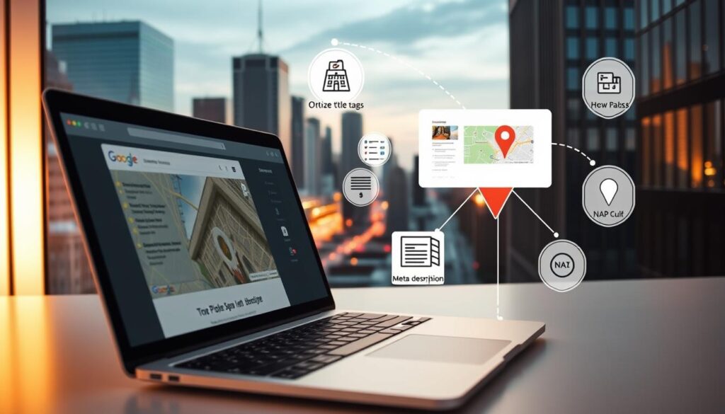 A modern, clean website design with a focus on local SEO optimization. In the foreground, a laptop displaying a Google Maps page, highlighting a local business listing. The middle ground features various icons and graphics representing local search engine optimization tactics, such as optimizing title tags, meta descriptions, and NAP (name, address, phone) information. In the background, a cityscape with skyscrapers and streets, conveying a sense of a thriving local market. The lighting is soft and warm, creating a professional and trustworthy atmosphere. The overall composition emphasizes the importance of tailoring a website's content and structure to improve its visibility and relevance in local search results.