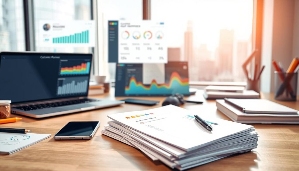 A modern office desk with a laptop, smartphone, and various office supplies. In the foreground, a stack of customer review printouts and a pen, symbolizing the process of managing customer feedback. The middle ground features a digital dashboard displaying customer satisfaction metrics and analytics. The background showcases a stylized city skyline, conveying a sense of a thriving urban business environment. The lighting is bright and natural, creating a professional and productive atmosphere. The overall scene conveys the importance of effectively managing customer reviews to drive business success.