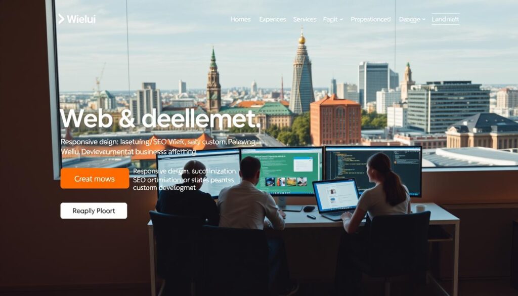 A modern, well-designed website for a web development agency in Wieluń, Poland. In the foreground, a clean, minimal layout showcases the company's services, featuring responsive design, SEO optimization, and custom development. The middle ground depicts developers collaborating on laptops, surrounded by screens displaying line of code and UI mockups. In the background, a cityscape of Wieluń's historic buildings and modern architecture provides a scenic backdrop, conveying the agency's local expertise and global capabilities. The lighting is natural and warm, creating a professional yet welcoming atmosphere. The image should reflect the agency's commitment to delivering high-quality, efficient web solutions that drive business growth.
