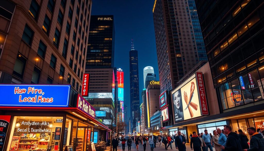 A panoramic view of a bustling city street, with towering skyscrapers and neon signs illuminating the night sky. In the foreground, a small local storefront stands out, its vibrant window displays and hand-painted signage showcasing the unique character of the neighborhood. The lighting is a warm, golden hue, creating a cozy and inviting atmosphere. The mid-ground features a diverse array of pedestrians, each with their own story, navigating the urban landscape. In the background, the city skyline stretches out, a testament to the power of local communities in the larger context of global markets. The overall scene conveys the significance of local phrases and their impact on search engine optimization and digital marketing strategies.