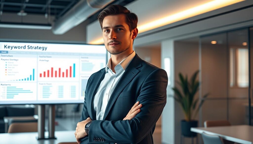 A professional businessman standing confidently in a modern office, his gaze directed towards a digital display showcasing a keyword strategy analysis. The scene is illuminated by warm, focused lighting, creating a sense of focus and intention. In the background, a sleek, minimalist interior design with clean lines and neutral tones provides a sophisticated backdrop. The overall atmosphere conveys a sense of strategic planning, data-driven decision making, and a strong personal brand presence. A professional businessman standing confidently in a modern office, his gaze directed towards a digital display showcasing a keyword strategy analysis. The scene is illuminated by warm, focused lighting, creating a sense of focus and intention. In the background, a sleek, minimalist interior design with clean lines and neutral tones provides a sophisticated backdrop. The overall atmosphere conveys a sense of strategic planning, data-driven decision making, and a strong personal brand presence.