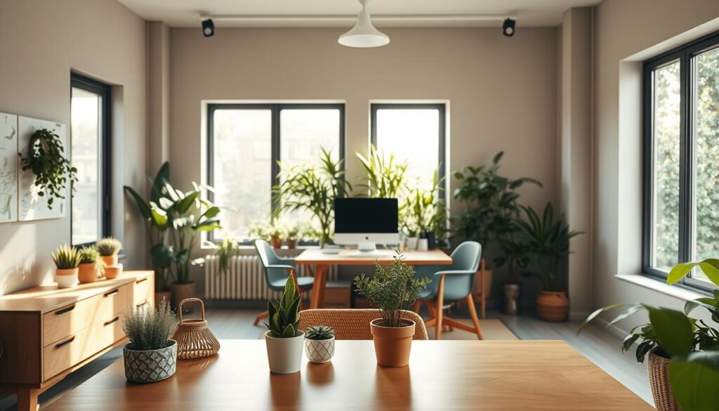 A serene, minimalist eco-friendly office space showcasing sustainable design. In the foreground, a sleek wooden desk with potted plants and natural fiber accessories. Diffused natural light filters through large windows, casting a warm glow over the mid-century modern furniture. In the background, a living green wall adds a lush, biophilic element. The overall atmosphere is one of calm, harmonious productivity, reflecting a commitment to environmental consciousness in contemporary design.