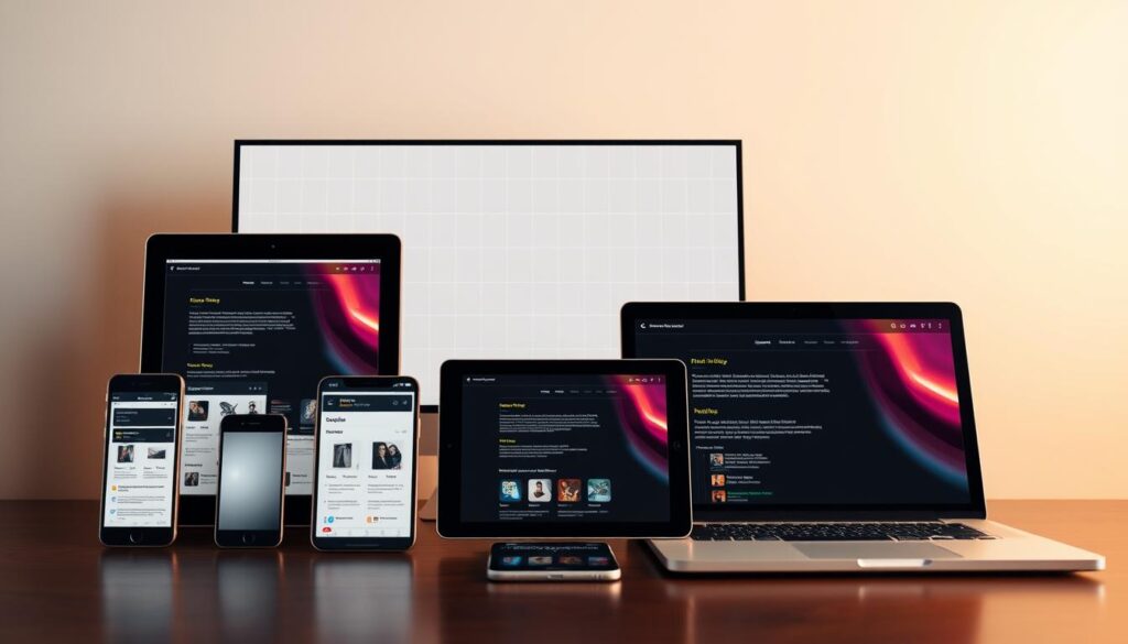 A sleek, modern website with a responsive, mobile-friendly design. The foreground features an array of mobile devices - smartphones, tablets, and laptops - seamlessly transitioning between portrait and landscape orientations. The middle ground showcases a minimalist, clean-lined web interface, with intuitive navigation and well-organized content. The background conveys a sense of technological sophistication, with a subtle grid pattern and hints of vibrant, on-trend color accents. Warm, diffused lighting creates a sense of depth and emphasizes the smooth, high-quality textures of the devices and UI elements. The overall atmosphere is one of effortless usability, adaptability, and forward-thinking design.