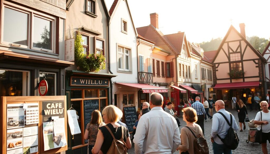 A small town in the Polish countryside, Wieluń, comes into focus. The camera pans across local storefronts, capturing the vibrant mix of modern and historic architecture. Sunlight filters through the windows, casting a warm glow over the scene. In the foreground, a group of people gather around a community bulletin board, examining flyers and newspapers. The middle ground reveals a cozy café, its chalkboard menu advertising local delicacies. In the background, the town square bustles with activity, people moving between quaint shops and cafés. The overall mood is one of community, tradition, and a deep connection to the local landscape. This image conveys the essence of finding the right local media outlets to amplify your public relations efforts in Wieluń. A small town in the Polish countryside, Wieluń, comes into focus. The camera pans across local storefronts, capturing the vibrant mix of modern and historic architecture. Sunlight filters through the windows, casting a warm glow over the scene. In the foreground, a group of people gather around a community bulletin board, examining flyers and newspapers. The middle ground reveals a cozy café, its chalkboard menu advertising local delicacies. In the background, the town square bustles with activity, people moving between quaint shops and cafés. The overall mood is one of community, tradition, and a deep connection to the local landscape. This image conveys the essence of finding the right local media outlets to amplify your public relations efforts in Wieluń.