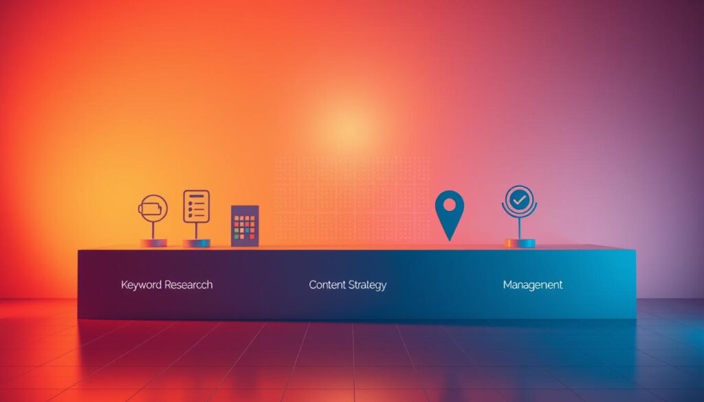 A vibrant and strategic visual representation of "Kluczowe elementy skutecznej strategii pozycjonowania". A sleek, minimalist composition showcasing key pillars of successful positioning in a modern, data-driven landscape. In the foreground, a series of geometric shapes and icons symbolize essential elements like keyword research, local optimization, content strategy, and review management. The middle ground features a subtle grid-like pattern, representing the structured, analytical approach. In the background, a soft, ethereal glow emanates, evoking the sense of innovation and forward-thinking. Lit by warm, directional lighting that casts dramatic shadows, enhancing the sense of depth and dynamism. Captured through a wide-angle lens to provide a comprehensive, high-level perspective on the core components of an effective positioning strategy.