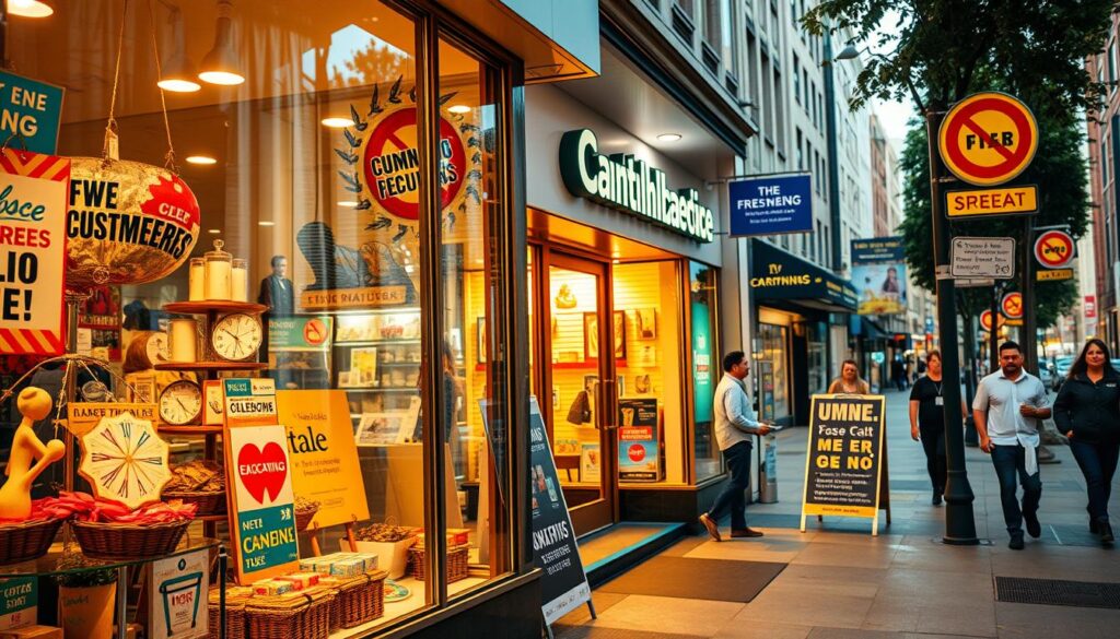 A vibrant, eye-catching storefront display showcasing various marketing tactics to attract local customers. In the foreground, an engaging window display with visually appealing product arrangements, promotions, and eye-catching signage. The middle ground features a well-designed storefront facade with an inviting entrance, complemented by strategically placed outdoor signage and advertisements. The background depicts a bustling city street, with passersby drawn to the storefront's captivating presence. Warm, natural lighting illuminates the scene, creating a welcoming and dynamic atmosphere that reflects the local community and the business's unique appeal. A vibrant, eye-catching storefront display showcasing various marketing tactics to attract local customers. In the foreground, an engaging window display with visually appealing product arrangements, promotions, and eye-catching signage. The middle ground features a well-designed storefront facade with an inviting entrance, complemented by strategically placed outdoor signage and advertisements. The background depicts a bustling city street, with passersby drawn to the storefront's captivating presence. Warm, natural lighting illuminates the scene, creating a welcoming and dynamic atmosphere that reflects the local community and the business's unique appeal.