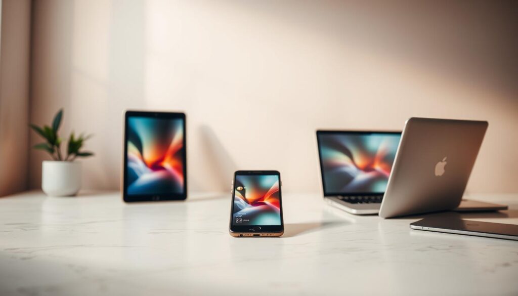 A well-designed layout showcases multimedia elements in a visually harmonious manner. In the foreground, a vibrant, high-resolution image depicts various digital devices - a tablet, a smartphone, and a laptop - seamlessly integrated into a modern workspace. The middle ground features a clean, minimalist design with soft, neutral tones, allowing the multimedia to take center stage. In the background, subtle patterns and textures create a sense of depth and sophistication. Warm, directional lighting illuminates the scene, casting gentle shadows and highlights that enhance the three-dimensional quality of the layout. The overall aesthetic strikes a balance between functionality and aesthetics, inviting the viewer to engage with the multimedia content in an intuitive and visually appealing way.