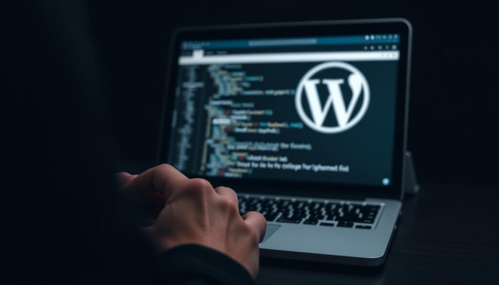 Editing WordPress configuration files, a complex yet crucial task for securing your website. In the foreground, a developer's hands carefully navigating the code, meticulously adjusting settings to enhance security. The middle ground features a laptop screen displaying the WordPress dashboard, providing a window into the intricate system. In the background, a symbolic representation of the WordPress logo, signifying the platform's ubiquity and the importance of maintaining its integrity. Soft, diffused lighting casts a pensive, serious tone, underscoring the gravity of the situation. The overall composition conveys the delicate balance between technological proficiency and the responsibility of safeguarding one's online presence.